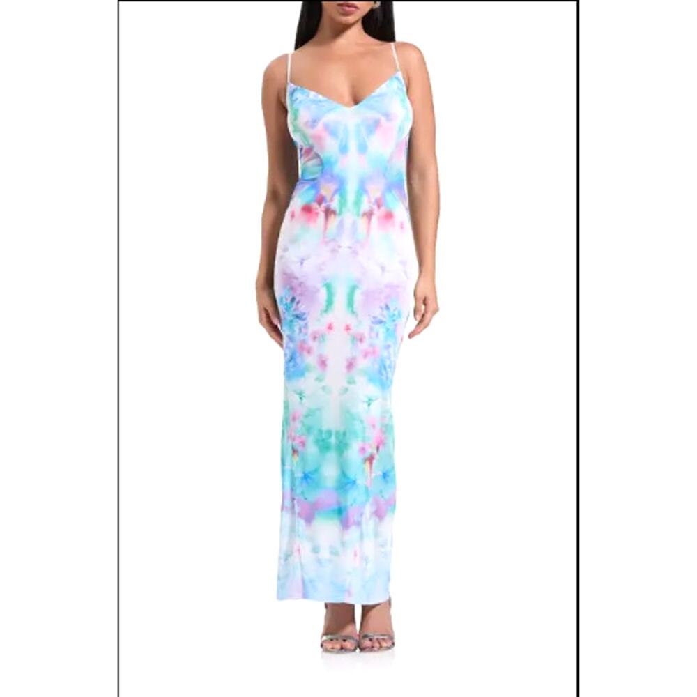 AFRM NWT Alyson Mesh Panel Maxi Dress Blur Blossom XXS Colorful Bodycon Party